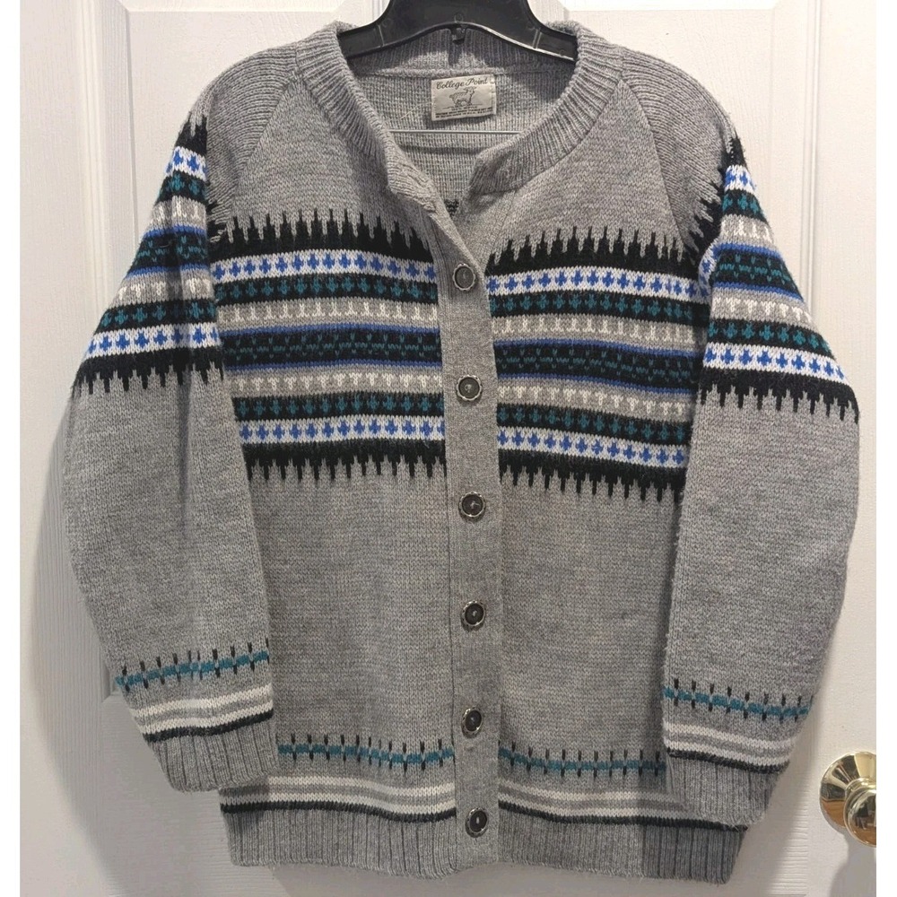 Vintage Fair Isle Cabin Core Western Cardigan Made USA Gray Knit‎ Sweater